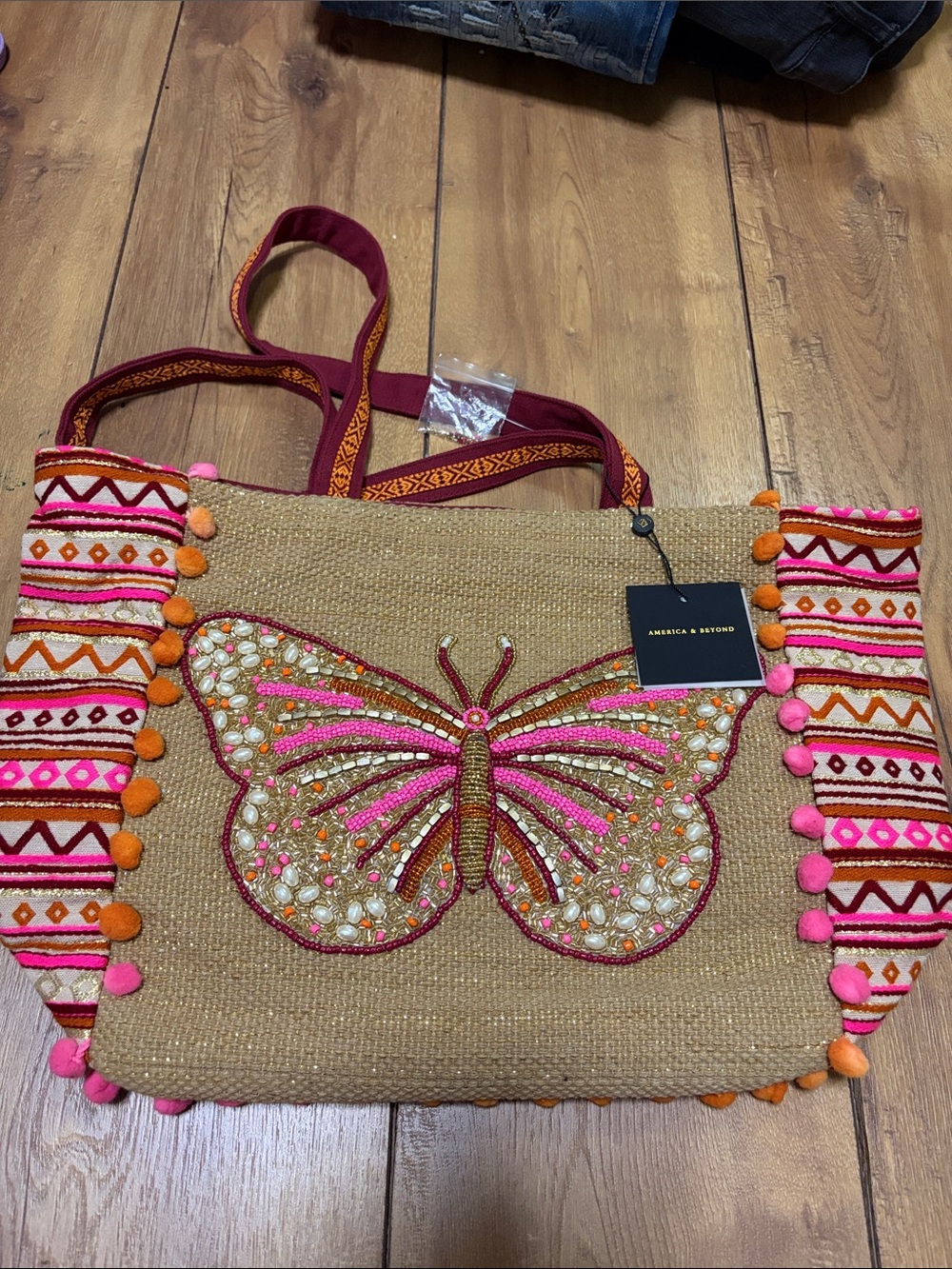 Embellished Pink & Orange Butterfly Tote Bag